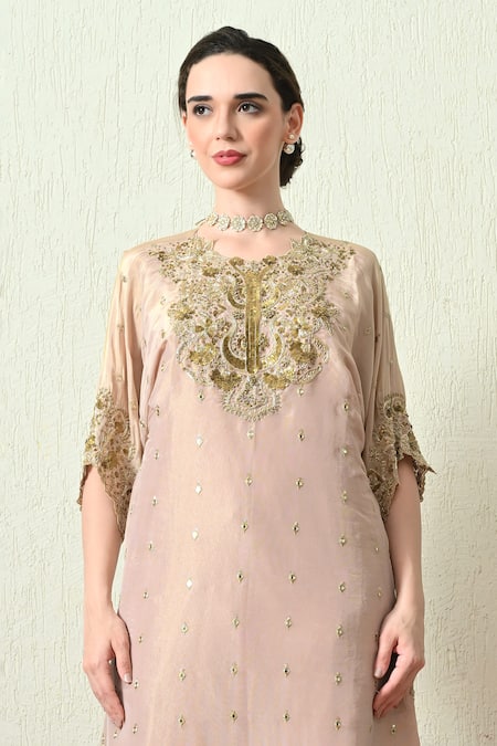 Shop_OHH CROW_Pink Tissue, , Chanderi Embroidery, Sequins, Beads Mandarin Kurta Set _Online_at_Aza_Fashions