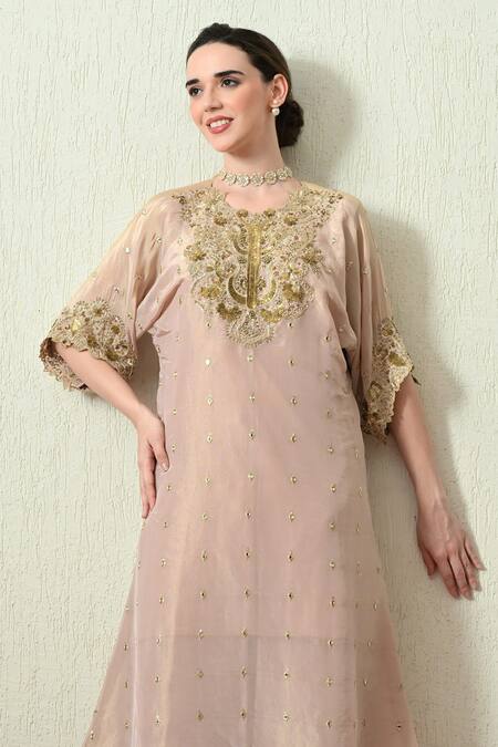 OHH CROW_Pink Tissue, , Chanderi Embroidery, Sequins, Beads Mandarin Kurta Set _at_Aza_Fashions