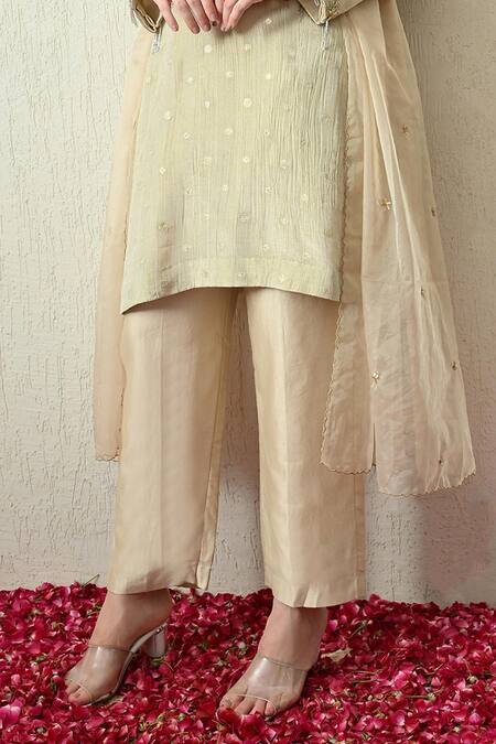 OHH CROW_Cream Tissue, Silk, Chanderi Silk, Organza Embroidery, Beads, Crush Kurta Set _Online_at_Aza_Fashions
