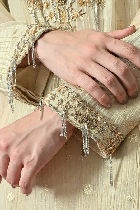Buy_OHH CROW_Cream Tissue, Silk, Chanderi Silk, Organza Embroidery, Beads, Crush Kurta Set _Online_at_Aza_Fashions