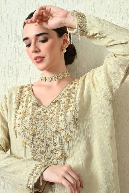 Shop_OHH CROW_Cream Tissue, Silk, Chanderi Silk, Organza Embroidery, Beads, Crush Kurta Set _Online_at_Aza_Fashions