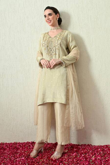 OHH CROW_Cream Tissue, Silk, Chanderi Silk, Organza Embroidery, Beads, Crush Kurta Set _at_Aza_Fashions