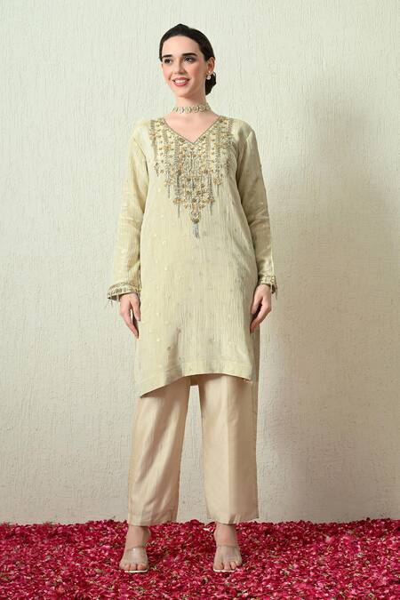 Buy_OHH CROW_Cream Tissue, Silk, Chanderi Silk, Organza Embroidery, Beads, Crush Kurta Set 