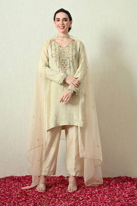 Shop_OHH CROW_Cream Tissue, Silk, Chanderi Silk, Organza Embroidery, Beads, Crush Kurta Set 