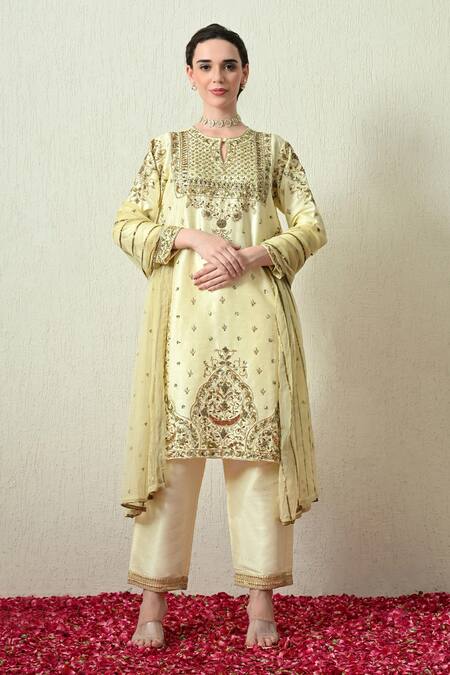 OHH CROW_Yellow Silk, Organza Embroidery, Sequins, Zari Keyhole Neck Raw Kurta Set _Online_at_Aza_Fashions