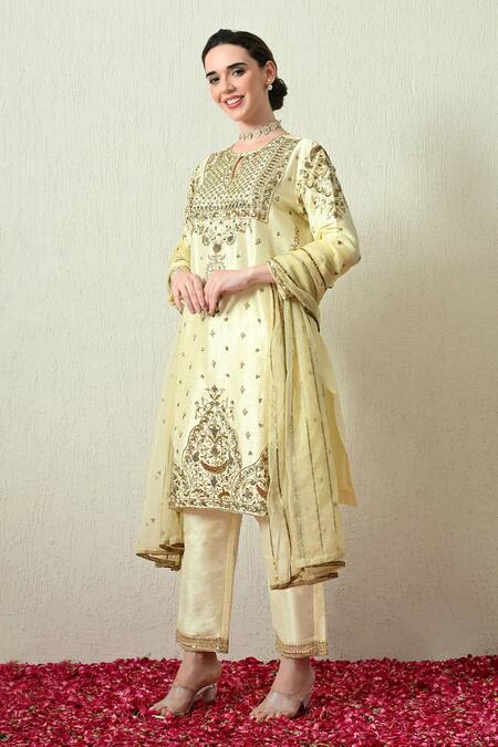 Buy_OHH CROW_Yellow Silk, Organza Embroidery, Sequins, Zari Keyhole Neck Raw Kurta Set _Online_at_Aza_Fashions