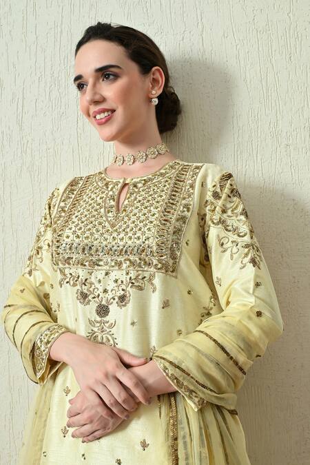 Shop_OHH CROW_Yellow Silk, Organza Embroidery, Sequins, Zari Keyhole Neck Raw Kurta Set _Online_at_Aza_Fashions