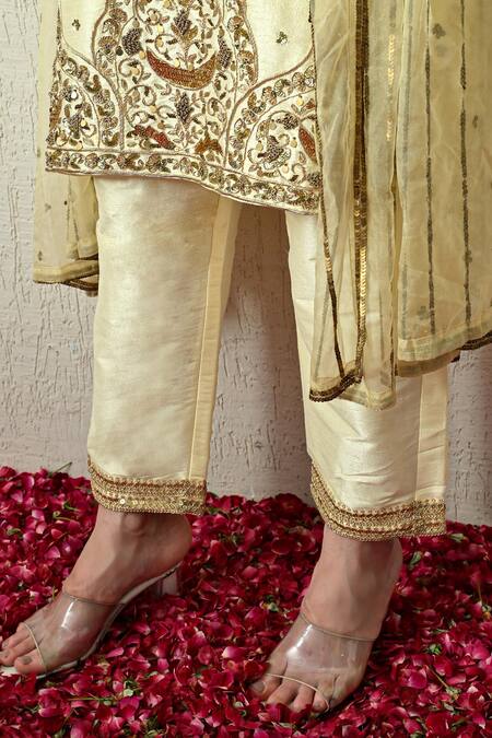 OHH CROW_Yellow Silk, Organza Embroidery, Sequins, Zari Keyhole Neck Raw Kurta Set _at_Aza_Fashions