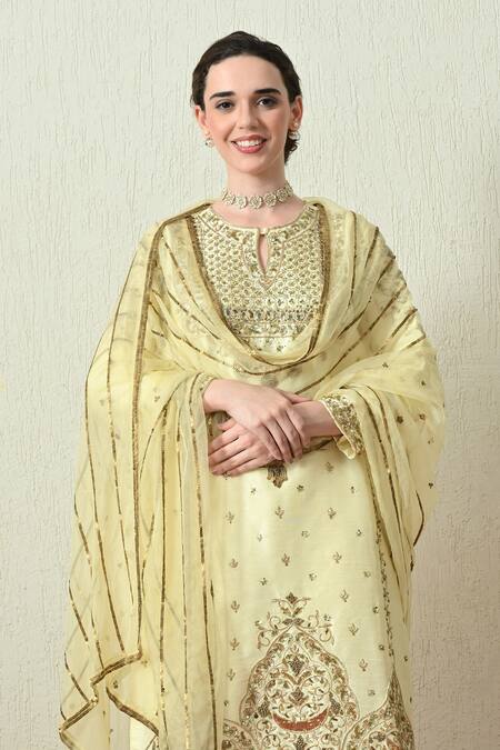 Shop_OHH CROW_Yellow Silk, Organza Embroidery, Sequins, Zari Keyhole Neck Raw Kurta Set 