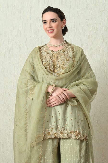 OHH CROW_Mint Chanderi Silk, Tissue, Organza Embroidery, Sequins, Kurta Sharara Set _Online_at_Aza_Fashions