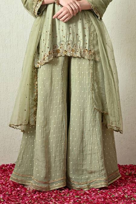 Buy_OHH CROW_Mint Chanderi Silk, Tissue, Organza Embroidery, Sequins, Kurta Sharara Set _Online_at_Aza_Fashions