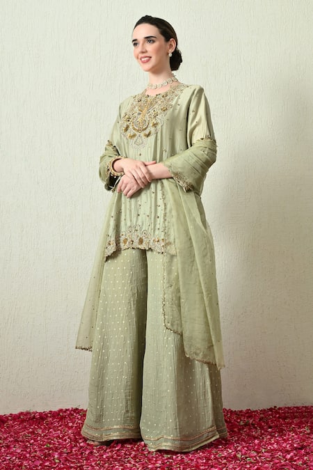 Shop_OHH CROW_Mint Chanderi Silk, Tissue, Organza Embroidery, Sequins, Kurta Sharara Set _Online_at_Aza_Fashions