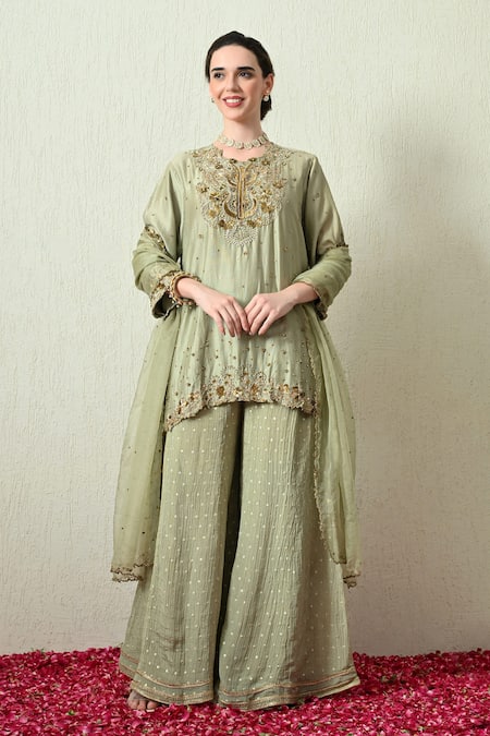 OHH CROW_Mint Chanderi Silk, Tissue, Organza Embroidery, Sequins, Kurta Sharara Set _at_Aza_Fashions