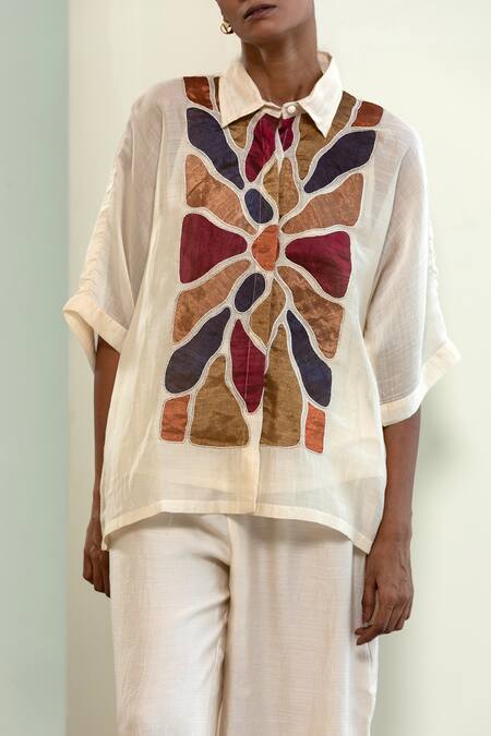 Eeda_Off White Viscose, Silk Patchwork Collared Geometric Shirt And Slip _Online_at_Aza_Fashions