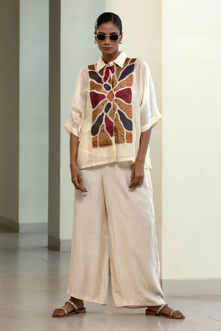 Buy_Eeda_Off White Viscose, Silk Patchwork Collared Geometric Shirt And Slip _Online_at_Aza_Fashions
