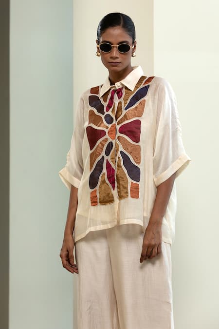 Shop_Eeda_Off White Viscose, Silk Patchwork Collared Geometric Shirt And Slip _Online_at_Aza_Fashions
