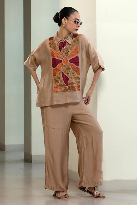 Eeda_Beige Silk, Viscose Patchwork Collared Geometric Shirt And Slip _Online_at_Aza_Fashions