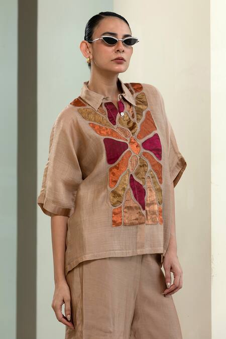 Shop_Eeda_Beige Silk, Viscose Patchwork Collared Geometric Shirt And Slip _Online_at_Aza_Fashions