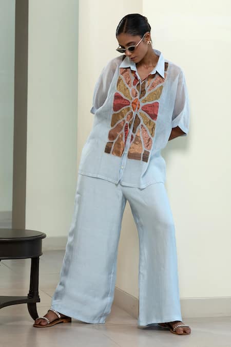 Buy_Eeda_Blue Shantoon Patchwork Collared Geometric Shirt With Inner _Online_at_Aza_Fashions