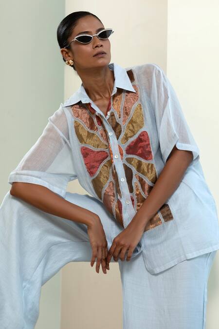 Shop_Eeda_Blue Shantoon Patchwork Collared Geometric Shirt With Inner _Online_at_Aza_Fashions