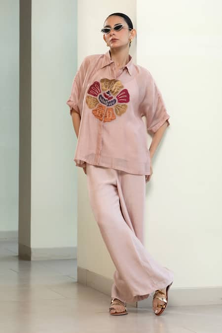 Eeda_Pink Viscose, Silk Patchwork Collared Hand-patched Floral Motif Shirt _Online_at_Aza_Fashions
