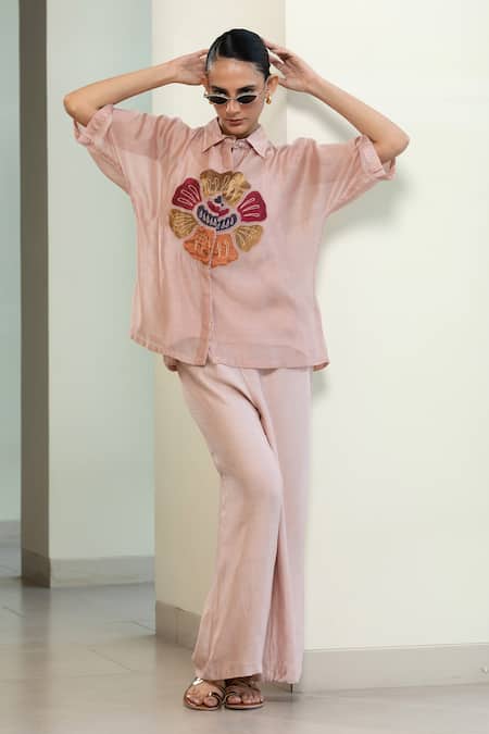 Buy_Eeda_Pink Viscose, Silk Patchwork Collared Hand-patched Floral Motif Shirt _Online_at_Aza_Fashions