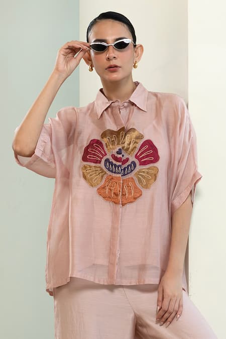 Eeda Hand-Patched Floral Motif Viscose Silk Shirt 
