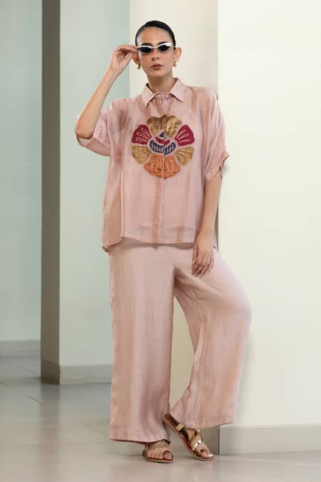 Shop_Eeda_Pink Viscose, Silk Patchwork Collared Hand-patched Floral Motif Shirt _Online_at_Aza_Fashions