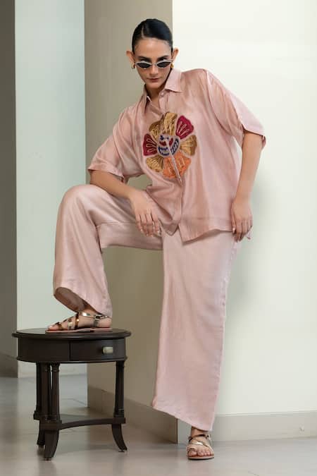 Eeda_Pink Viscose, Silk Patchwork Collared Hand-patched Floral Motif Shirt _at_Aza_Fashions