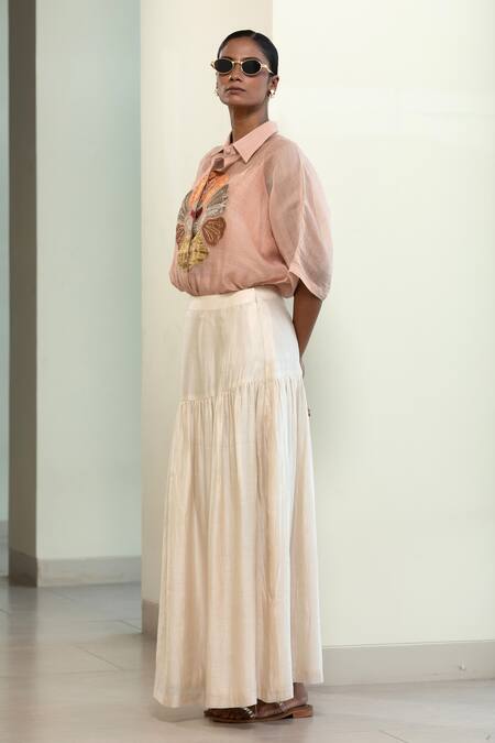 Eeda_Peach Viscose, Silk Patchwork Hand-patched Floral Motif Shirt With Inner _Online_at_Aza_Fashions