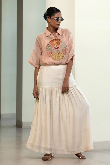 Buy_Eeda_Peach Viscose, Silk Patchwork Hand-patched Floral Motif Shirt With Inner _Online_at_Aza_Fashions