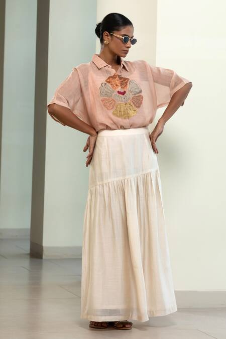 Shop_Eeda_Peach Viscose, Silk Patchwork Hand-patched Floral Motif Shirt With Inner _Online_at_Aza_Fashions