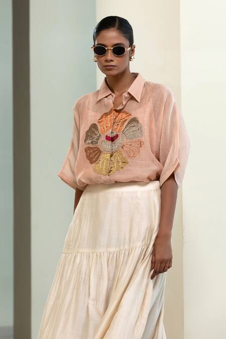Eeda_Peach Viscose, Silk Patchwork Hand-patched Floral Motif Shirt With Inner _at_Aza_Fashions