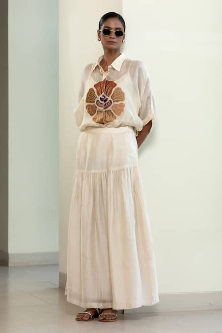 Eeda_Off White Viscose, Silk Patchwork Collared Floral Shirt With Slip _Online_at_Aza_Fashions