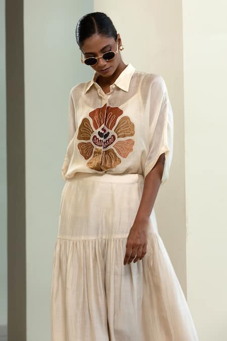 Eeda Floral Patch Viscose Silk Shirt With Slip 