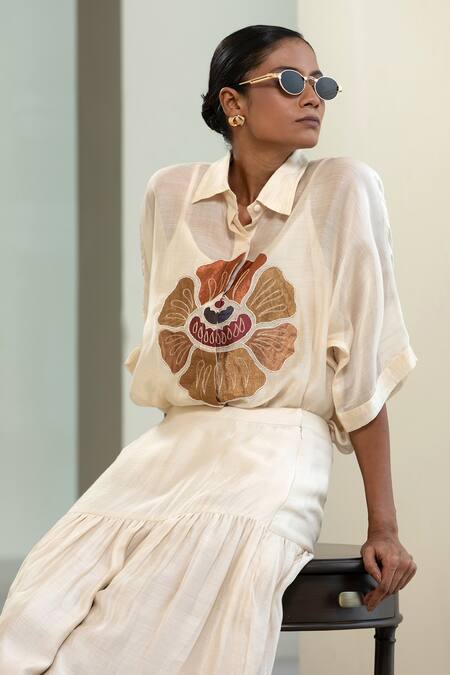 Shop_Eeda_Off White Viscose, Silk Patchwork Collared Floral Shirt With Slip _Online_at_Aza_Fashions
