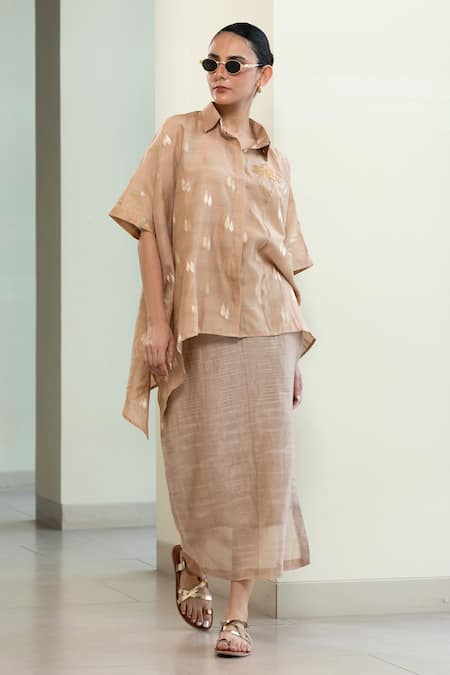 Eeda_Beige Chanderi Silk Embroidery, Zari Collared Asymmetrical Booti Shirt _Online_at_Aza_Fashions