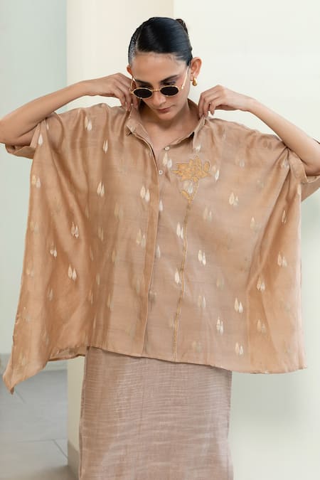 Buy_Eeda_Beige Chanderi Silk Embroidery, Zari Collared Asymmetrical Booti Shirt _Online_at_Aza_Fashions