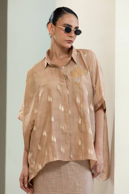 Shop_Eeda_Beige Chanderi Silk Embroidery, Zari Collared Asymmetrical Booti Shirt _Online_at_Aza_Fashions