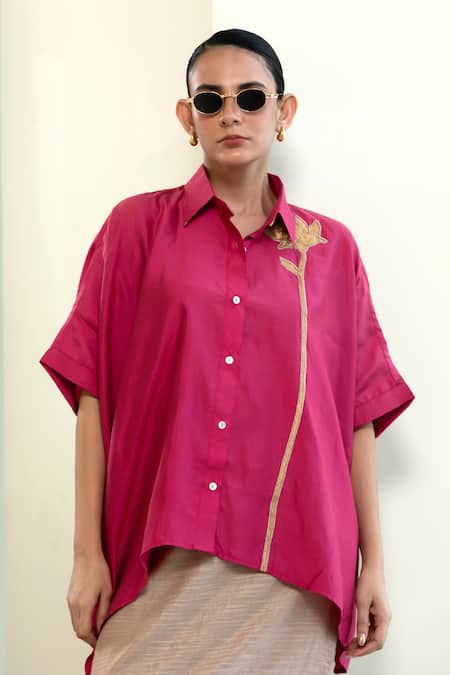 Eeda Asymmetrical Silk Shirt With Patch Embroidery 
