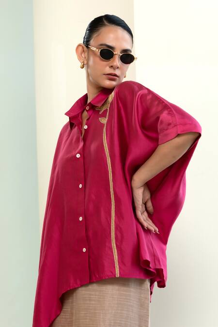 Buy_Eeda_Pink Silk Patchwork Collared Asymmetrical Shirt With Embroidery _Online_at_Aza_Fashions