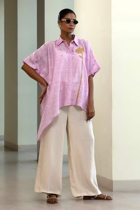 Eeda_Lilac Silk, Chanderi Embroidery Collared Asymmetrical Zari Booti Shirt _Online_at_Aza_Fashions