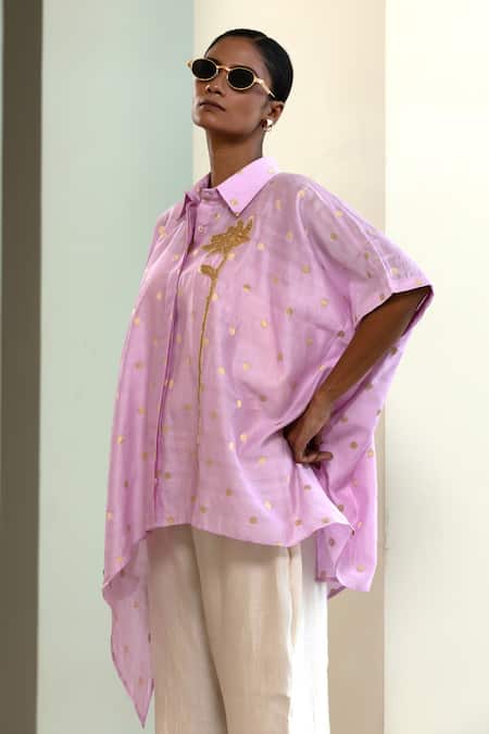 Shop_Eeda_Lilac Silk, Chanderi Embroidery Collared Asymmetrical Zari Booti Shirt _Online_at_Aza_Fashions