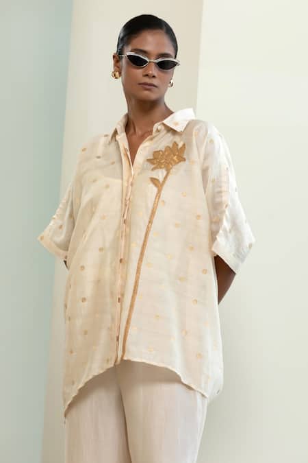 Eeda_Off White Chanderi, Silk Patchwork, Zari Collared Asymmetrical Booti Shirt _Online_at_Aza_Fashions