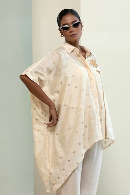 Eeda_Off White Chanderi, Silk Patchwork, Zari Collared Asymmetrical Booti Shirt _at_Aza_Fashions