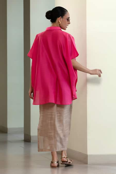 Eeda Kaftan-Style Silk Shirt With Patch Embroidery 