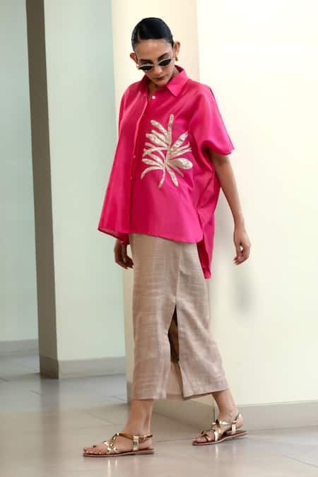 Eeda_Pink Chanderi Silk Patchwork Collared Kaftan-style Shirt With Embroidery _Online_at_Aza_Fashions