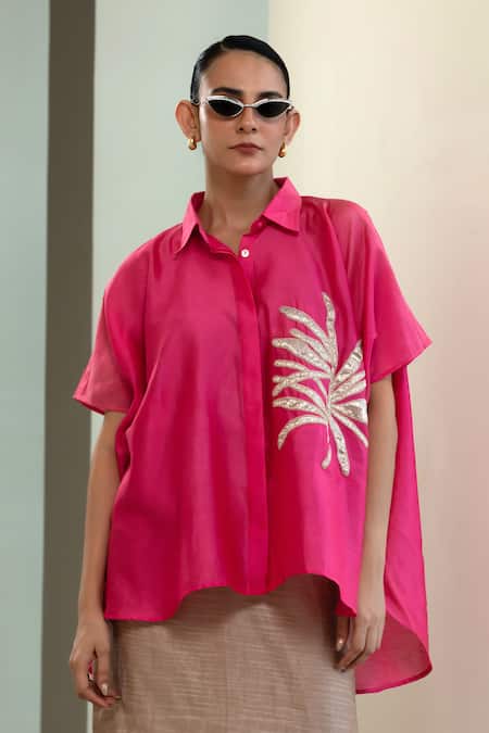Eeda Kaftan-Style Silk Shirt With Patch Embroidery 