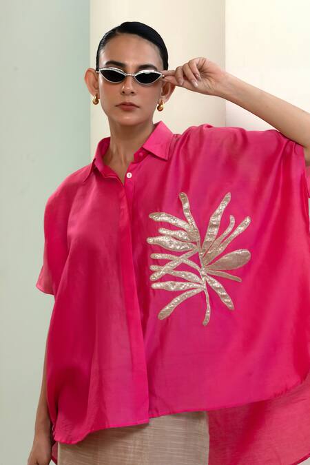 Buy_Eeda_Pink Chanderi Silk Patchwork Collared Kaftan-style Shirt With Embroidery _Online_at_Aza_Fashions