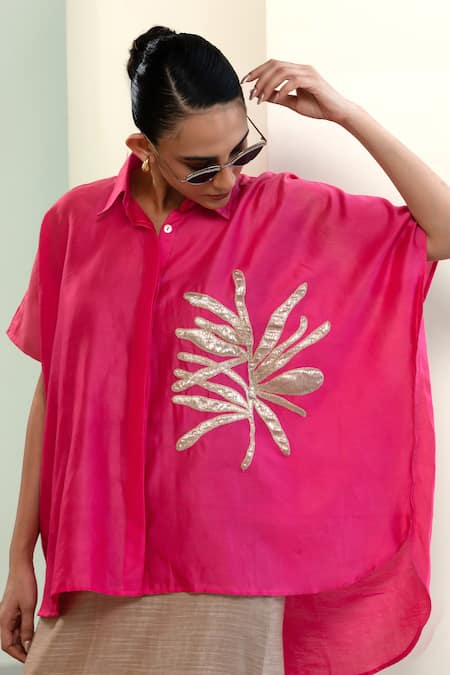 Shop_Eeda_Pink Chanderi Silk Patchwork Collared Kaftan-style Shirt With Embroidery _Online_at_Aza_Fashions
